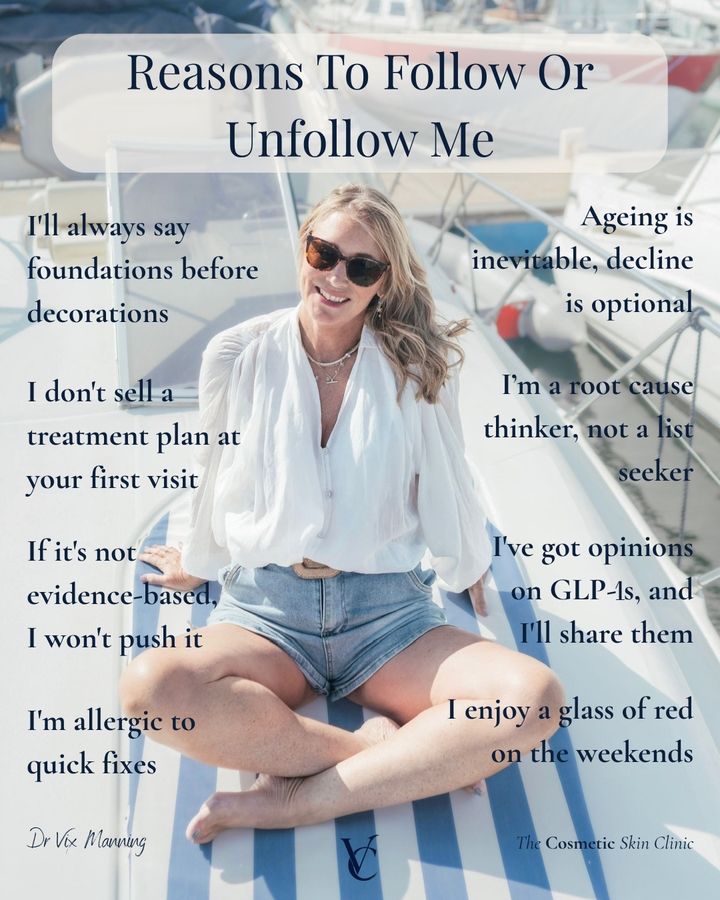 After: photo of Dr Vix Manning on a boat, “Reasons to follow or unfollow me”, with eight short statements about how she works